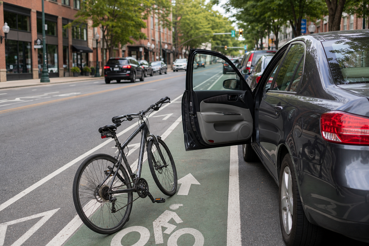 Open car door into a bicycle lane after an Indiana dooring crash scenario