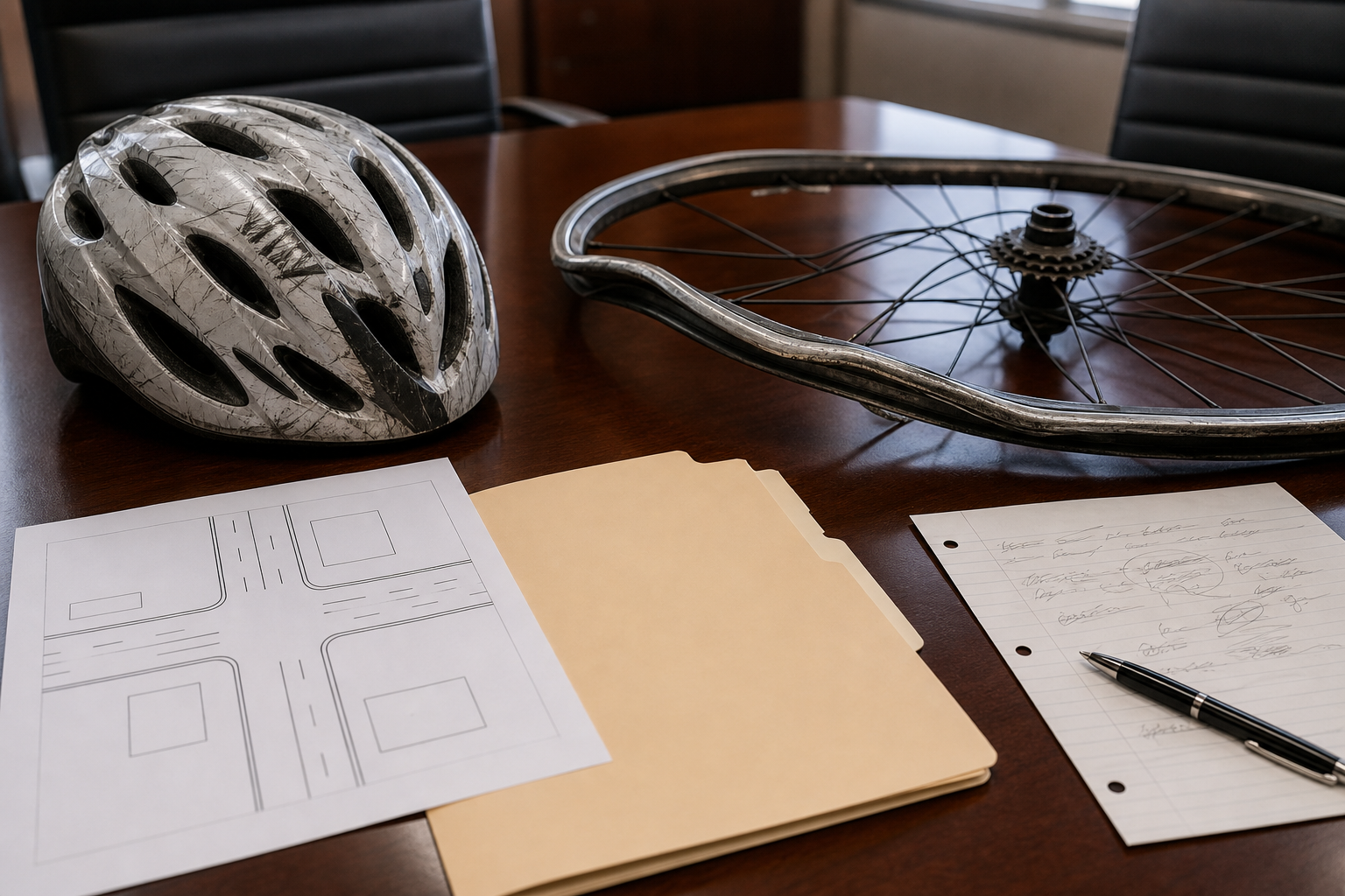 Bicycle accident evidence file with helmet, wheel damage, and crash diagram