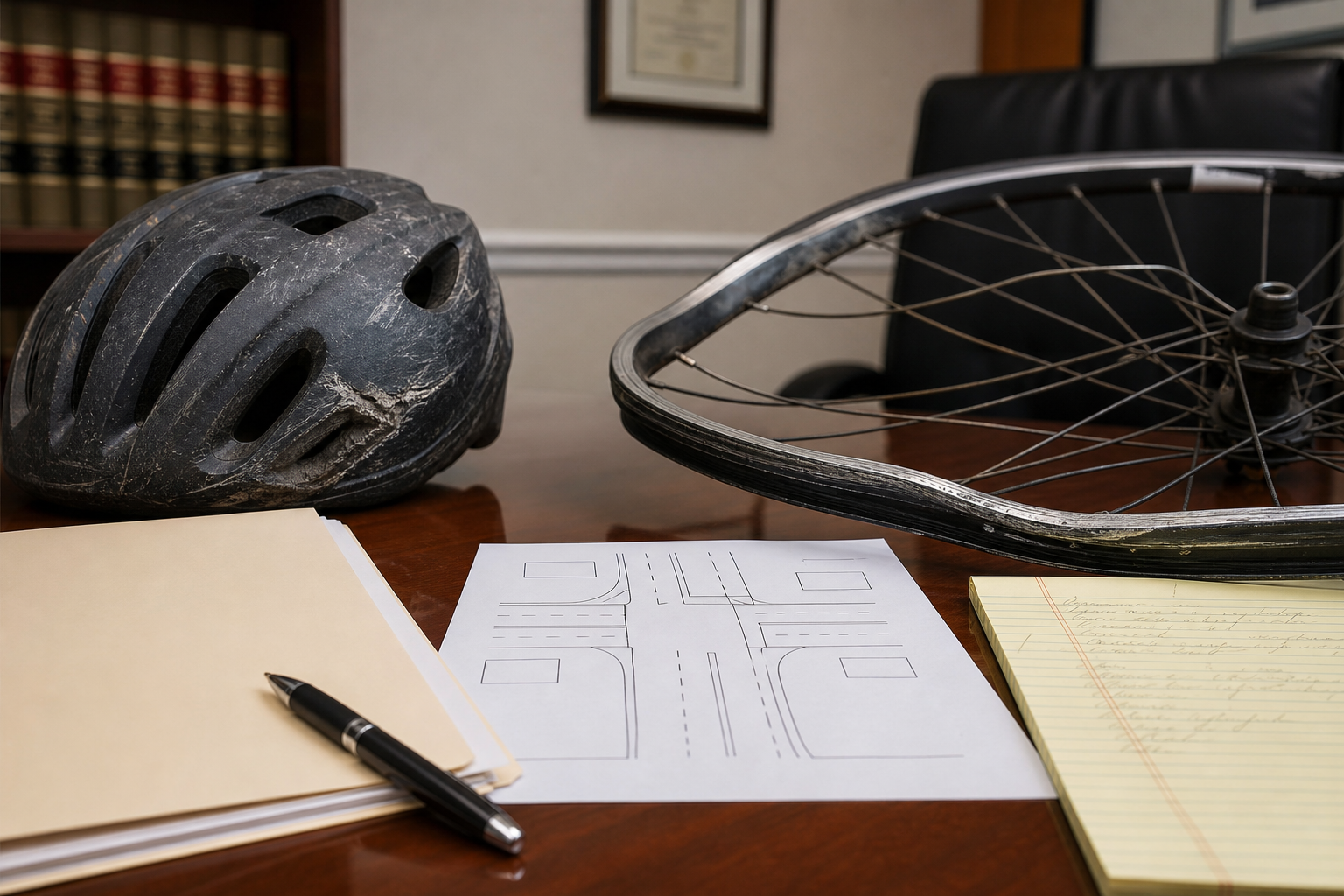 Damaged bicycle wheel and legal evidence materials after an Indiana bicycle crash