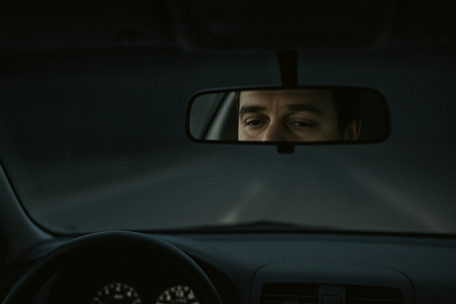 Tight shot of a tired man's eyes in the rearview mirror of a car at night with dashboard lights reflected