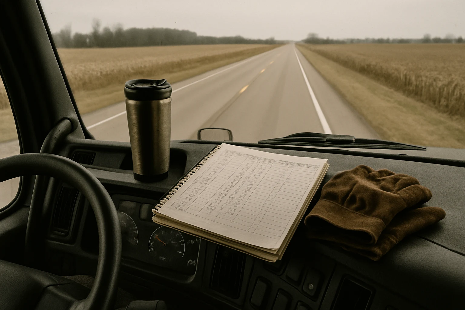 Open commercial truck driver's logbook on the dashboard of a long-haul tractor showing handwritten hours of service entries