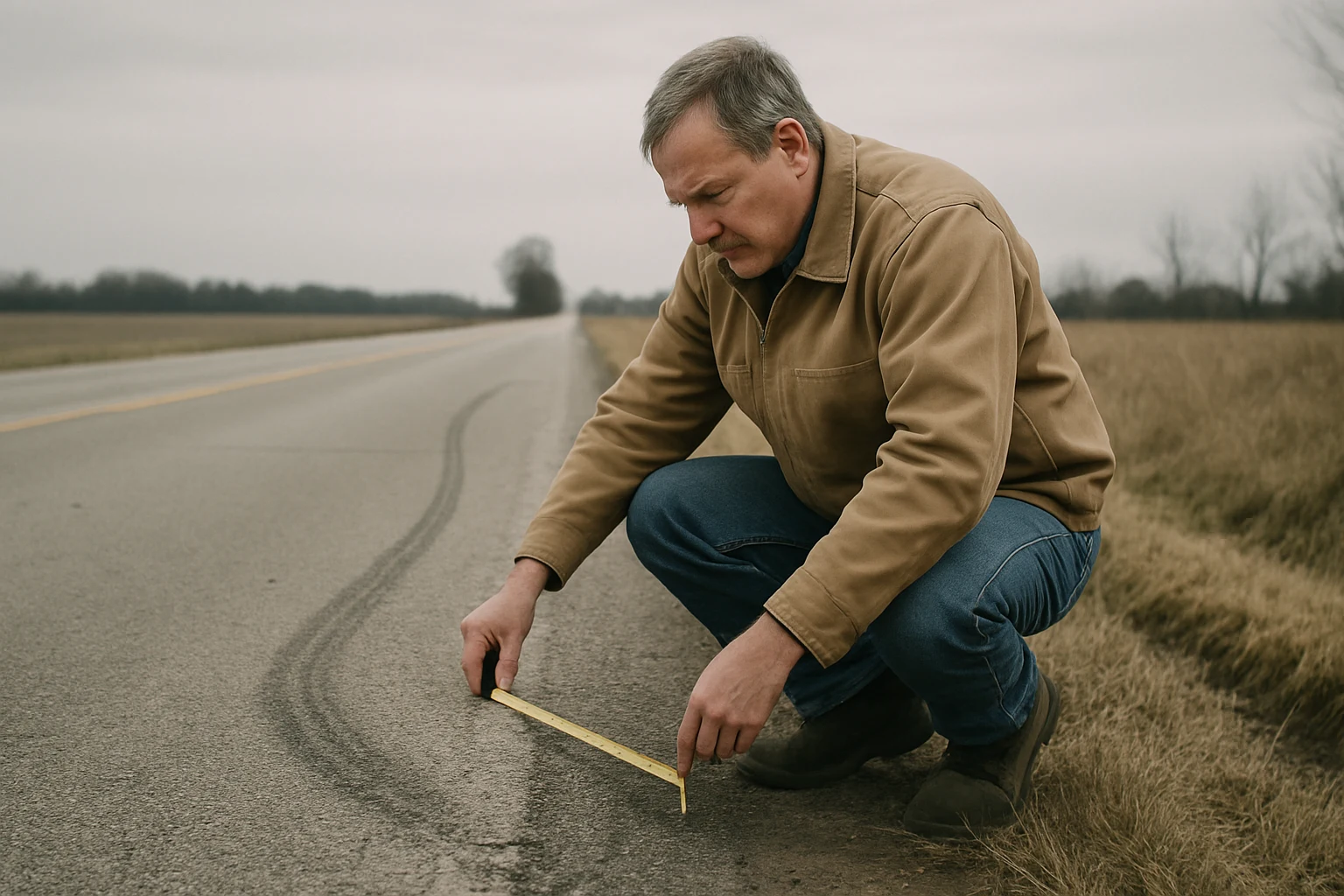 Crash reconstructionist measuring tire scrubs and gouge marks at the scene of a single-vehicle wreck on a rural Indiana road