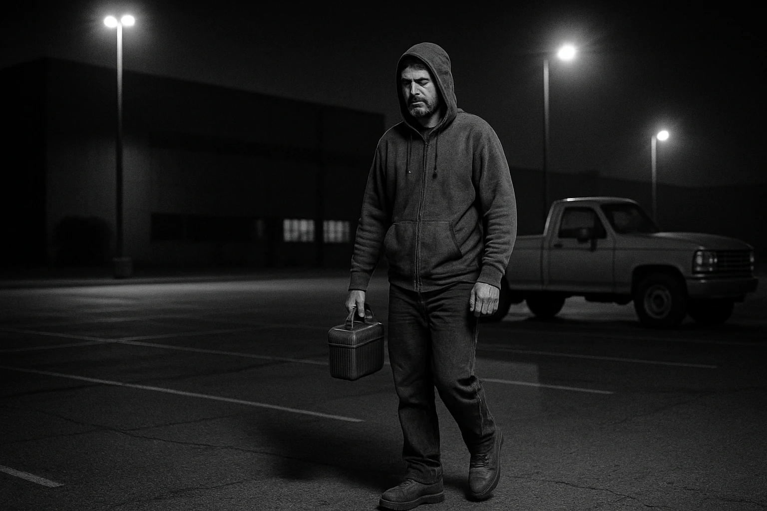 Worker leaving a Fort Wayne manufacturing plant parking lot late at night walking to his pickup truck