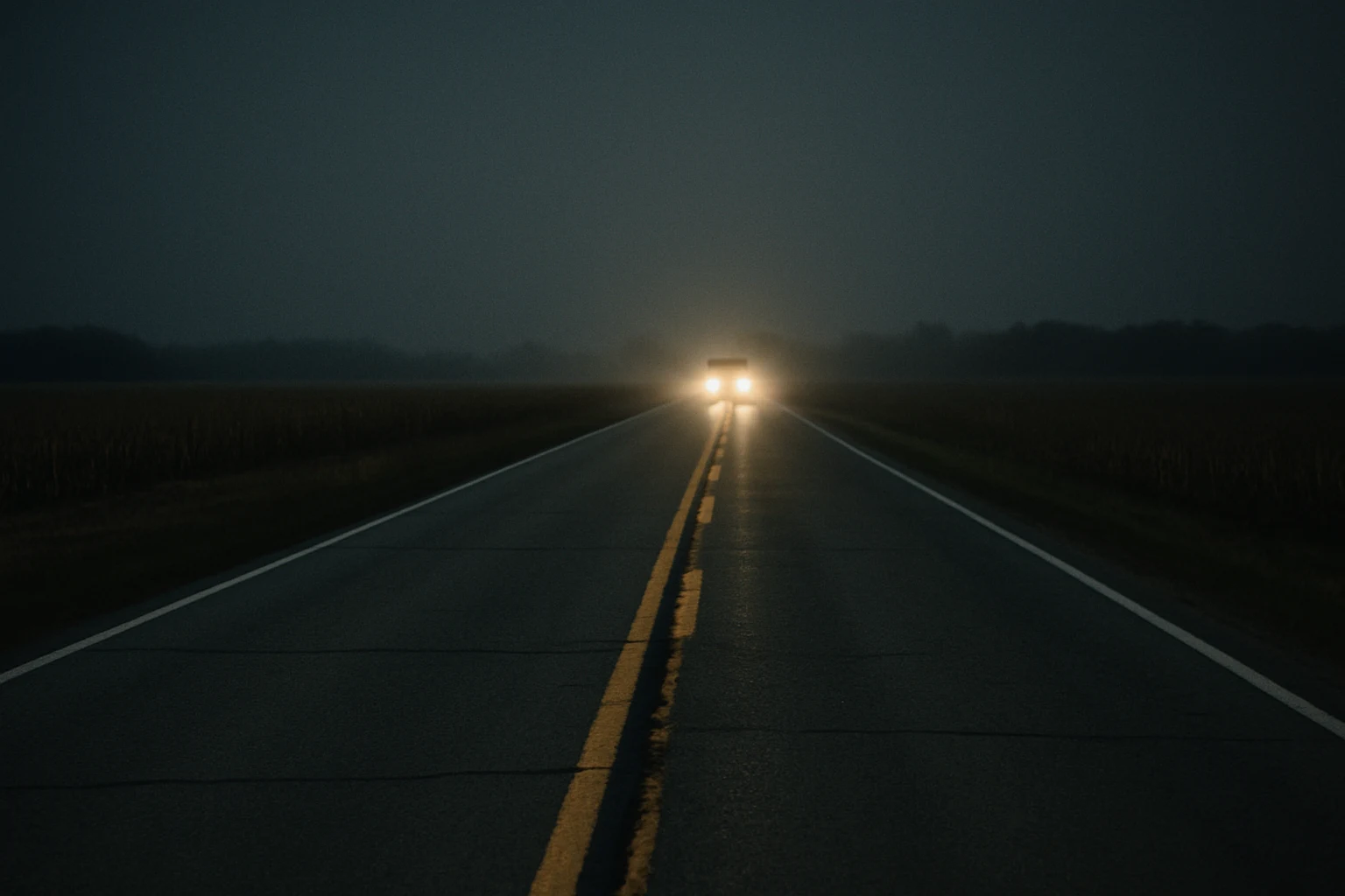 Single set of headlights approaching on an empty rural Indiana state route at night