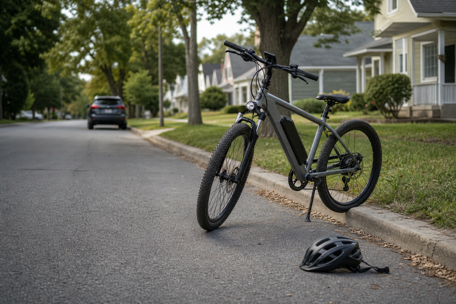 E-bike crash evidence scene with helmet and vehicle in background