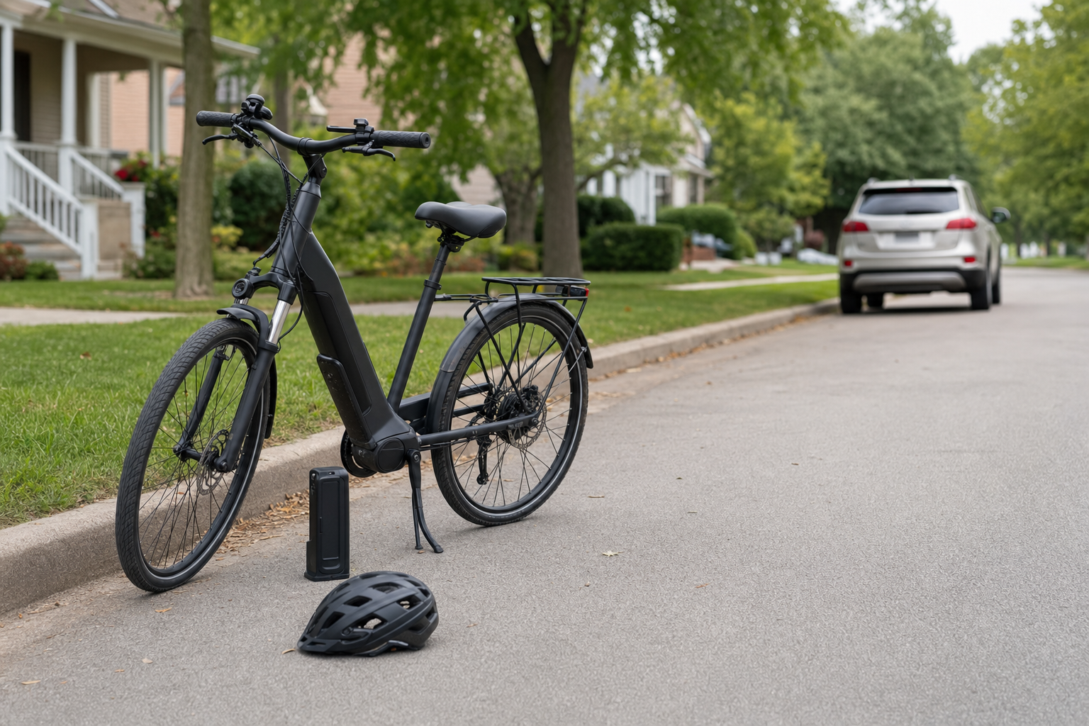 Curbside e-bike accident claim proof with helmet and bike evidence