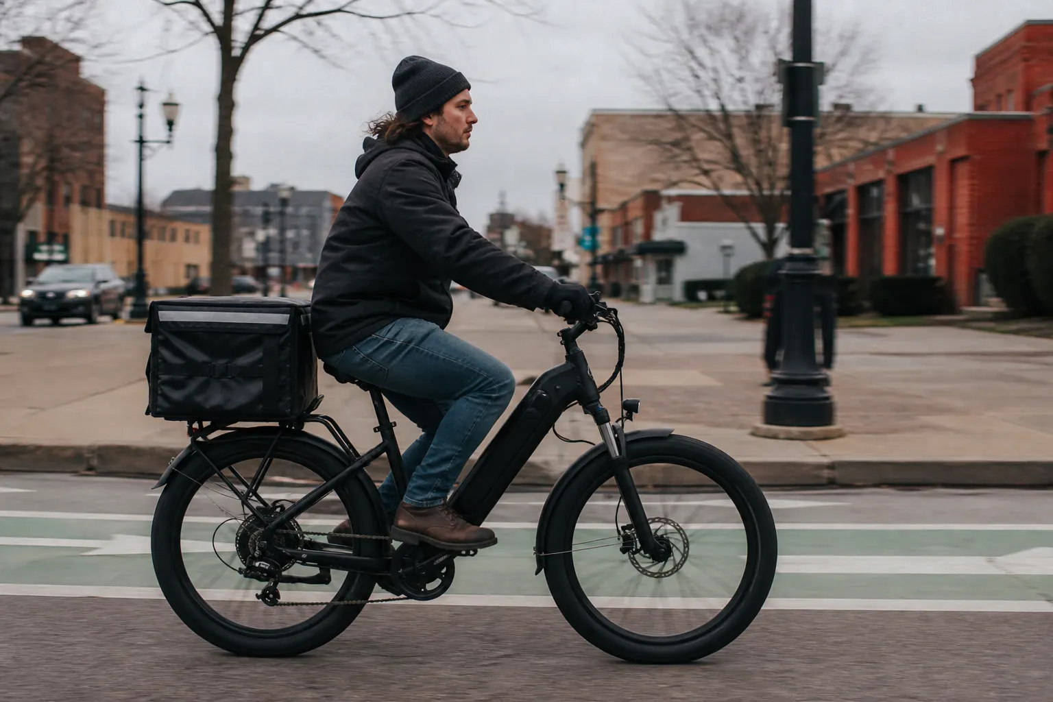 Food-delivery courier riding an e-bike with an insulated delivery bag in a bike lane