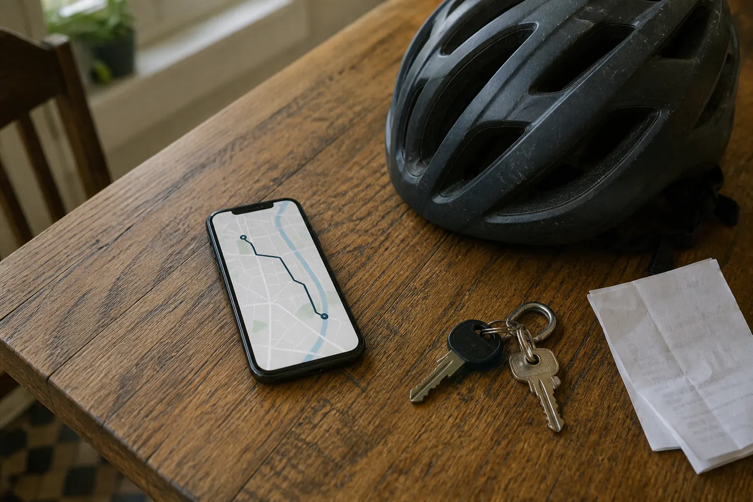 Smartphone showing a delivery app route and order history next to a bike helmet