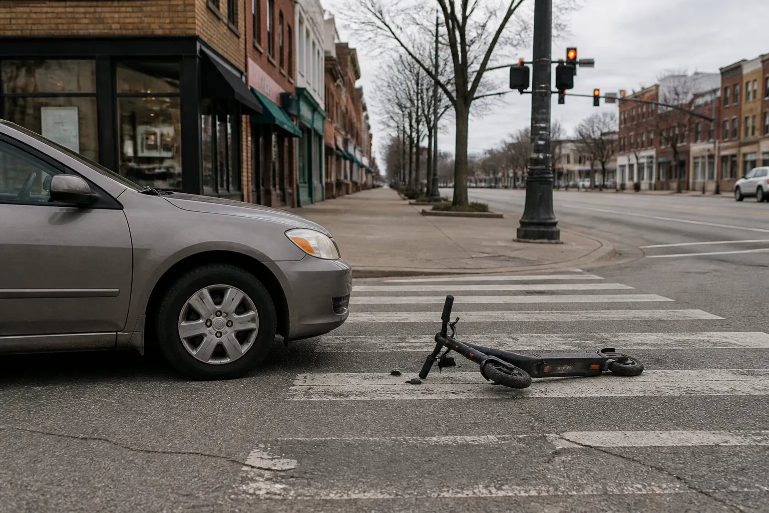 Passenger car and an e-scooter stopped near an intersection after a collision