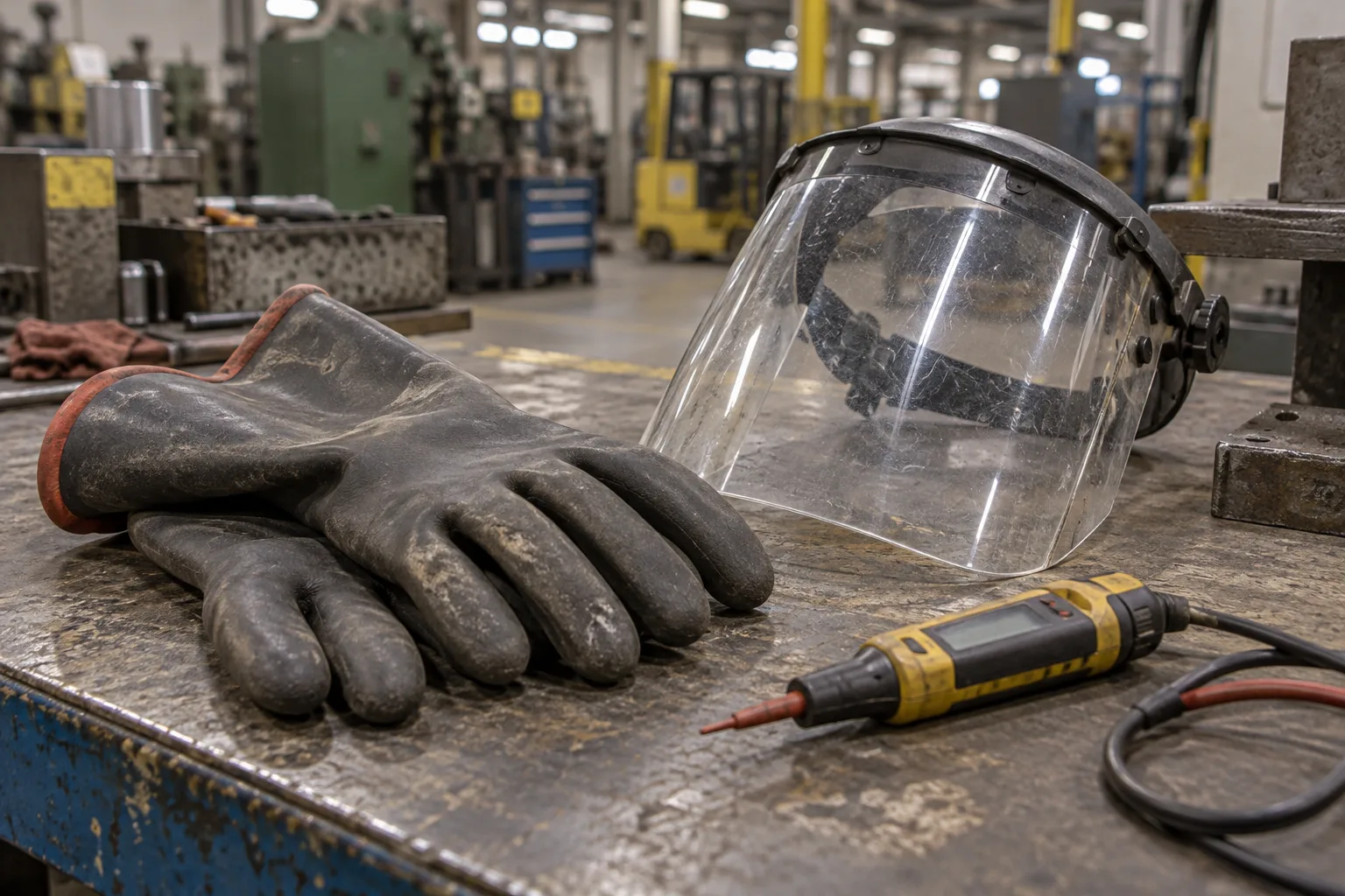 Insulated gloves, face shield and voltage tester on an industrial workbench