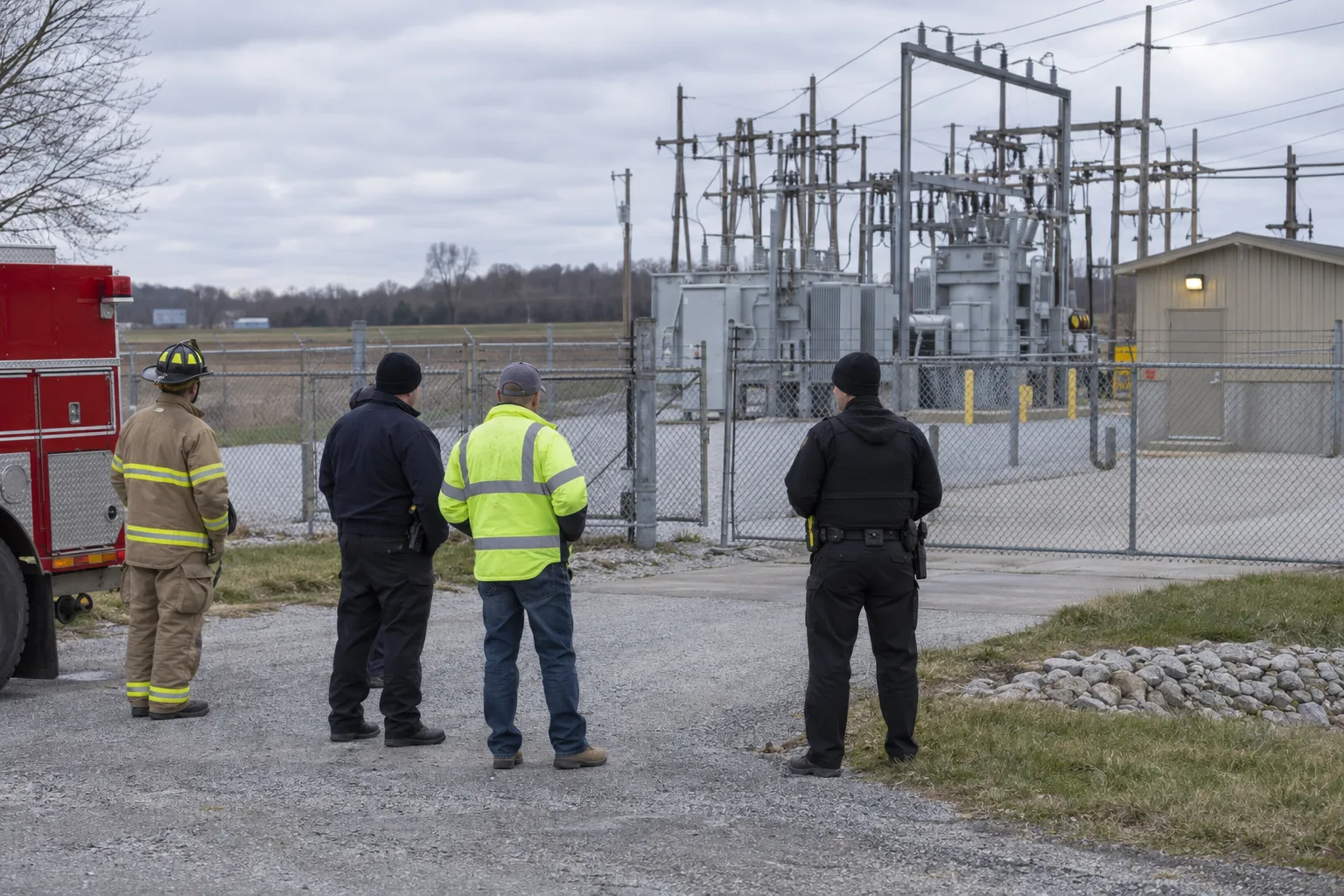 Emergency responders beside a secured electrical work area