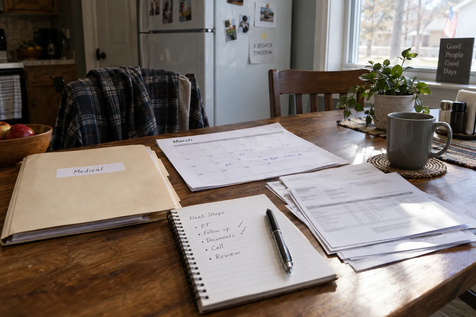 Medical, wage and workplace records organized on a table