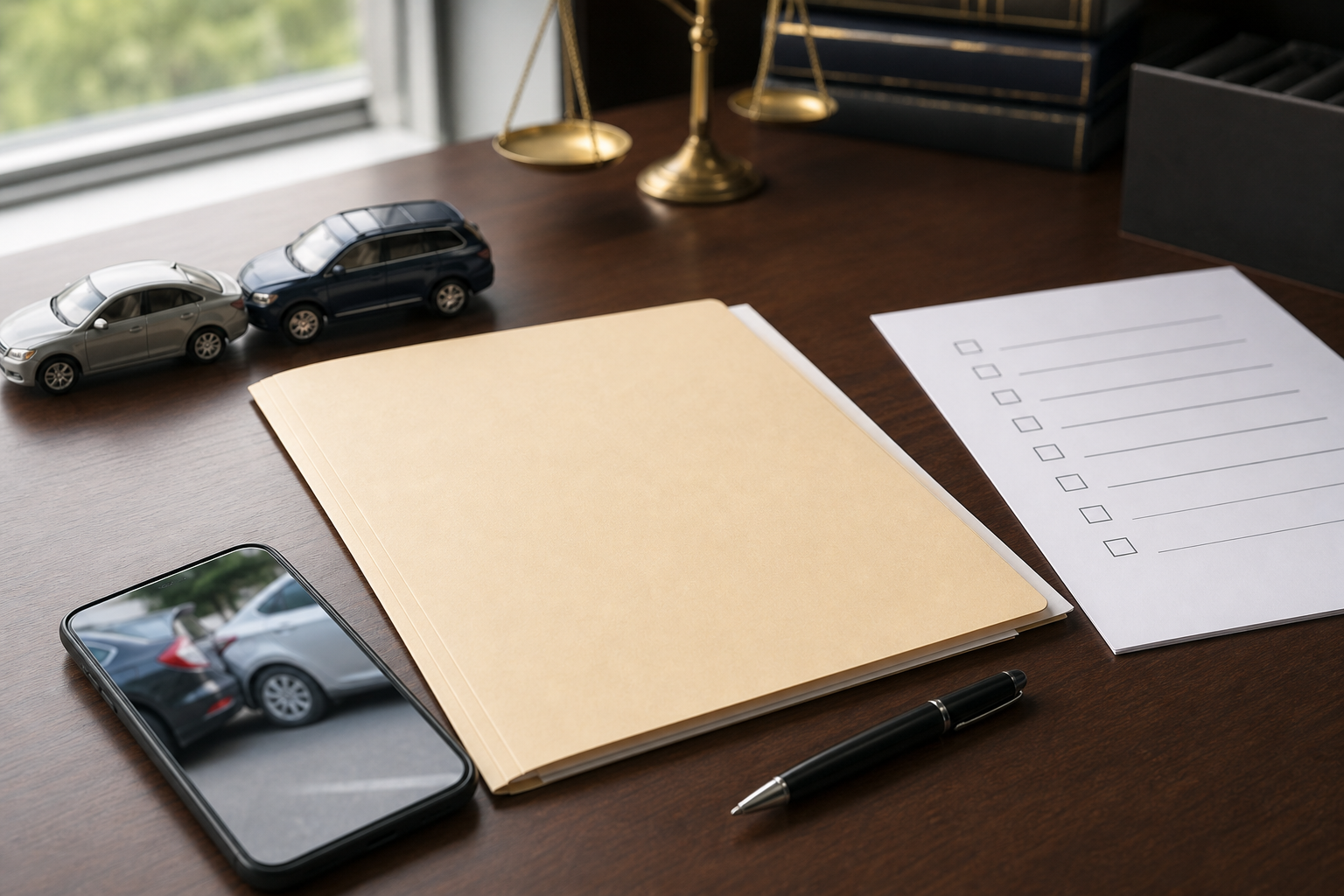 Indiana car accident evidence file with checklist and model vehicles