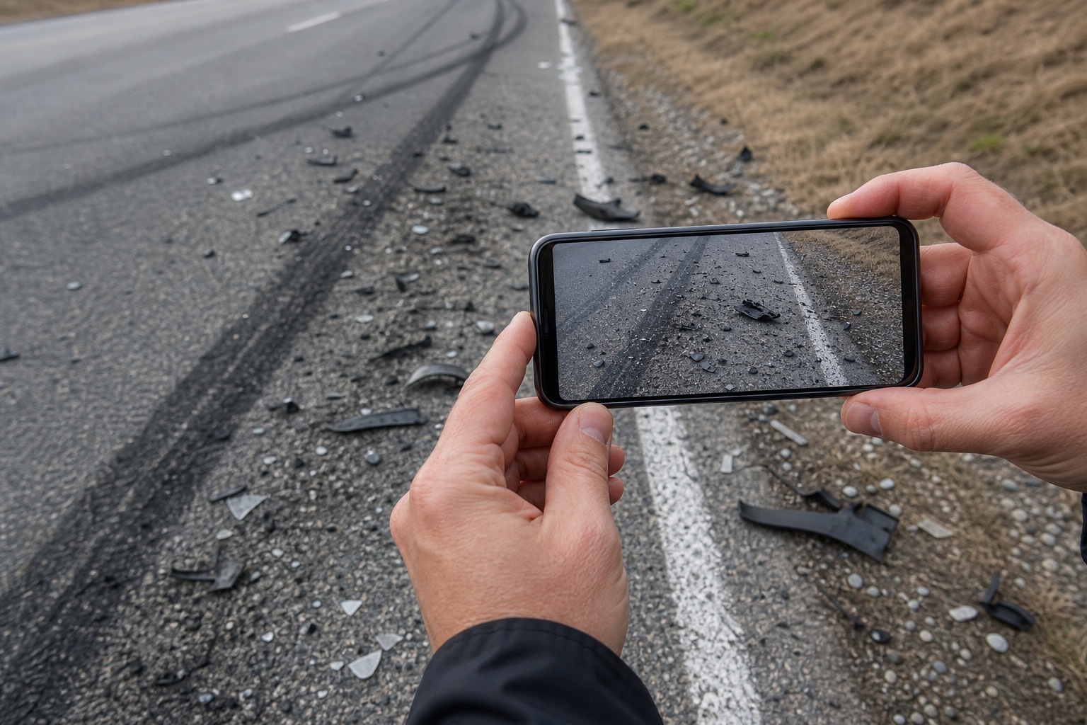 Photographing skid marks and debris after an Indiana car accident