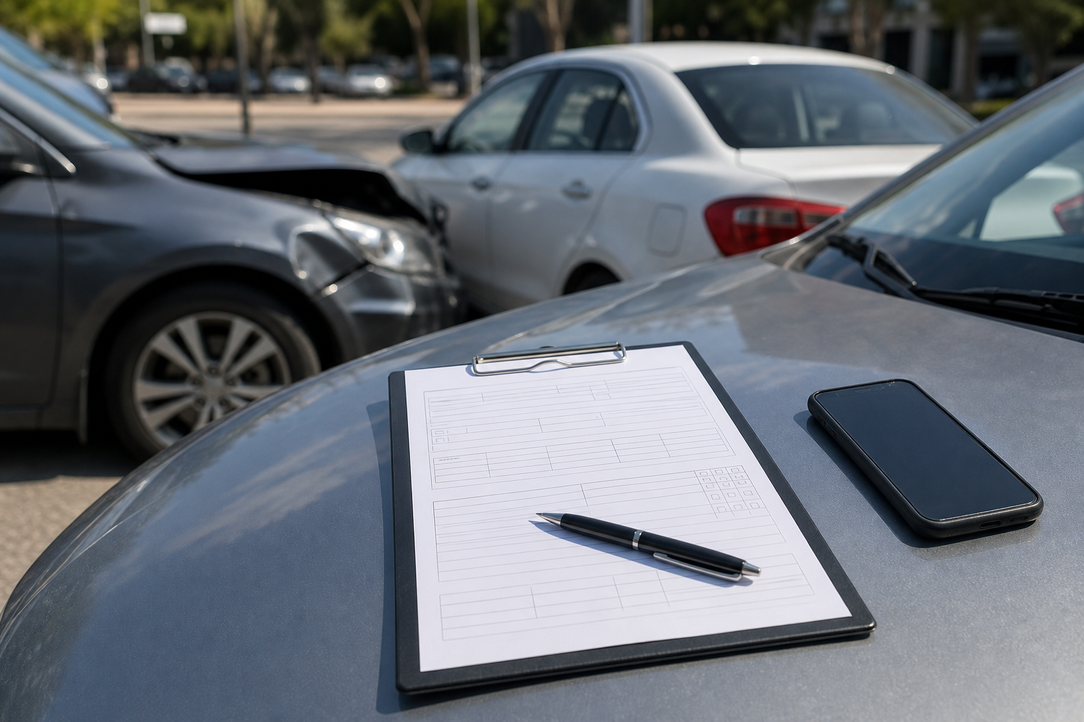Blank witness statement form and phone after Indiana car accident