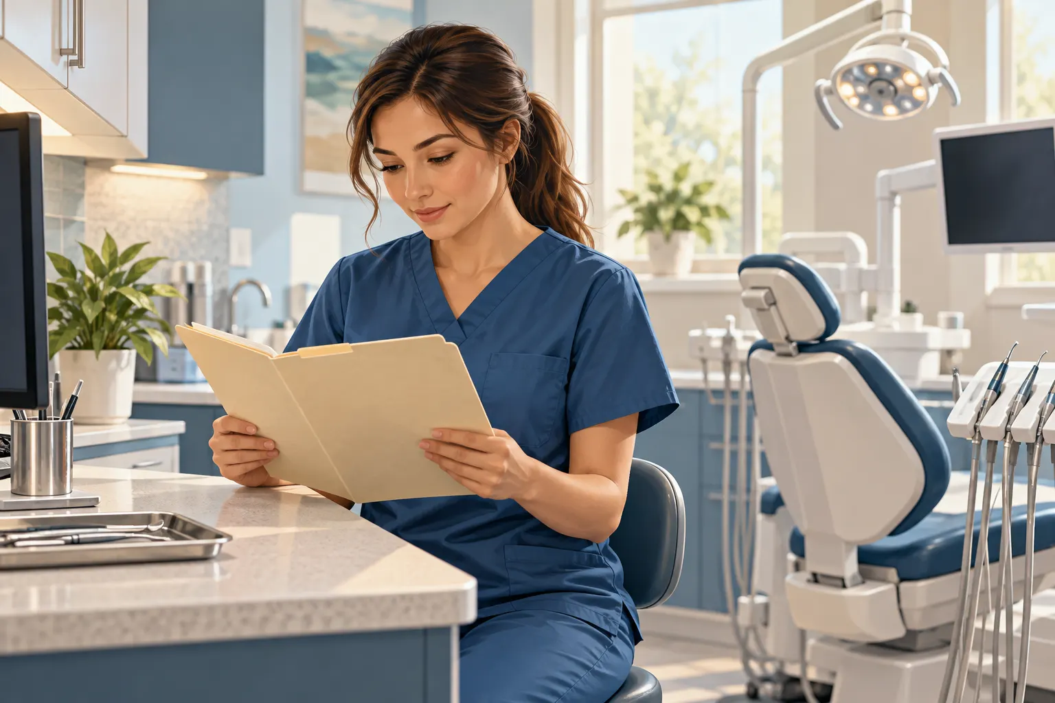 A dental professional reviewing a patient folder in a dental office