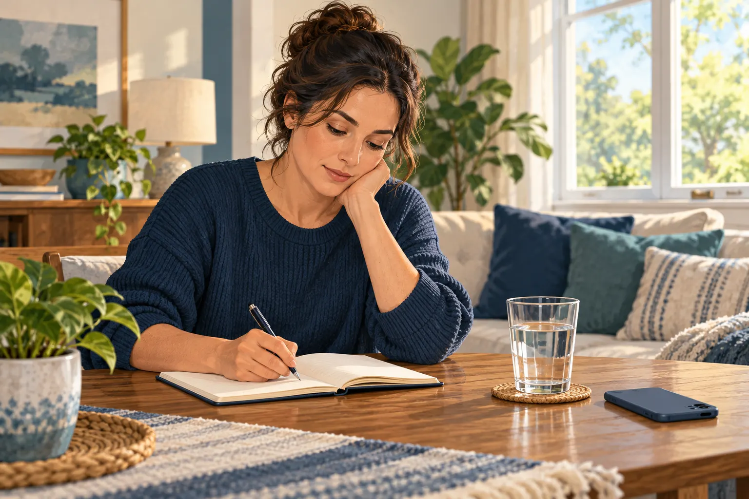 An adult making private notes at a table with a phone and glass of water