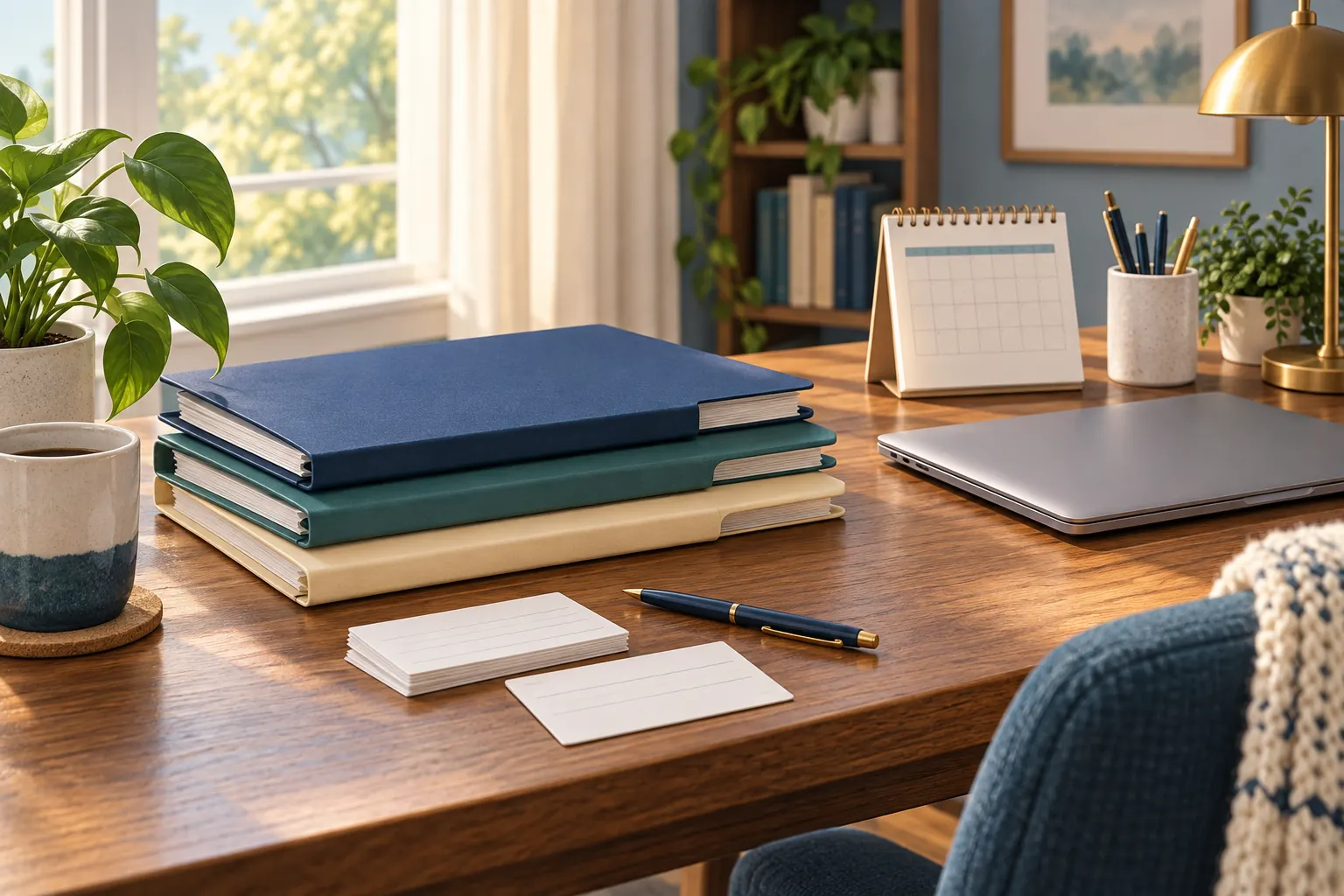 Plain folders and appointment cards arranged on a home desk