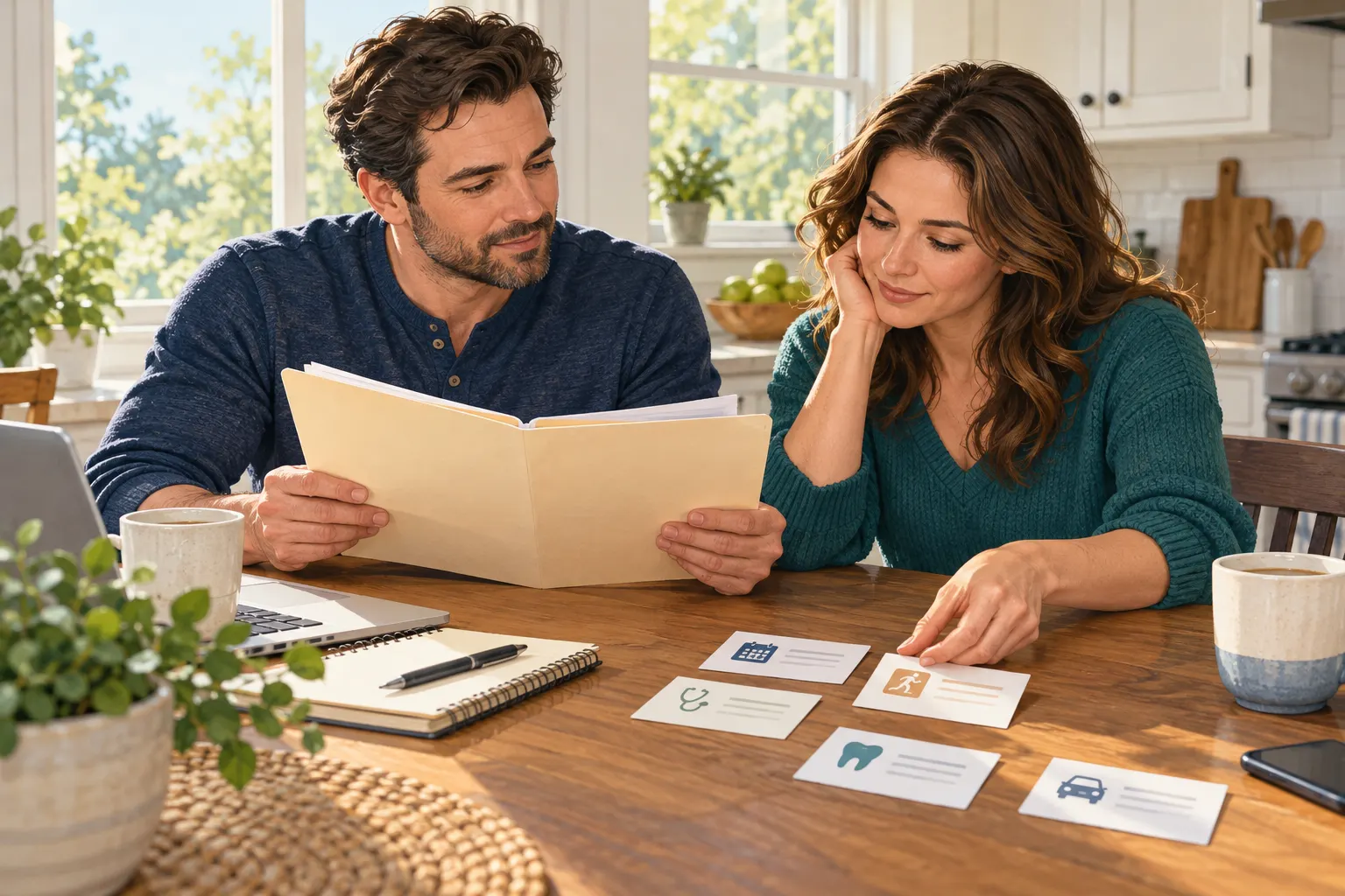 Two adults reviewing appointment paperwork together at a kitchen table