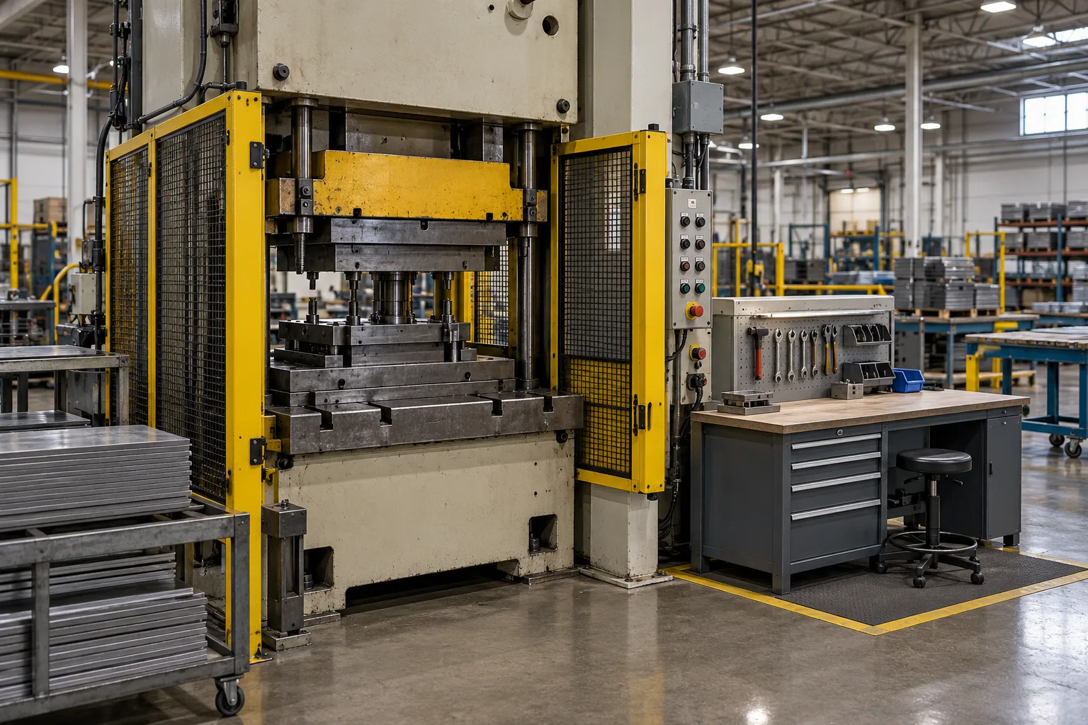 Illustration: A guarded metal press at an orderly factory workstation