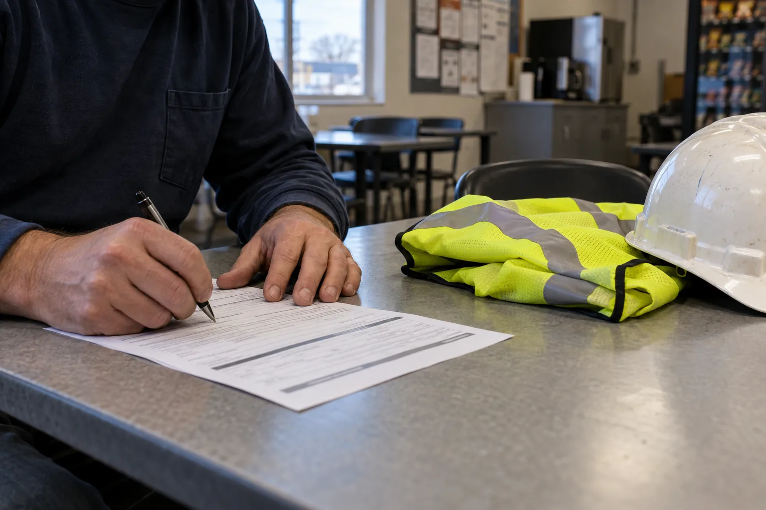 Illustration: Factory employee documenting a workplace incident in writing