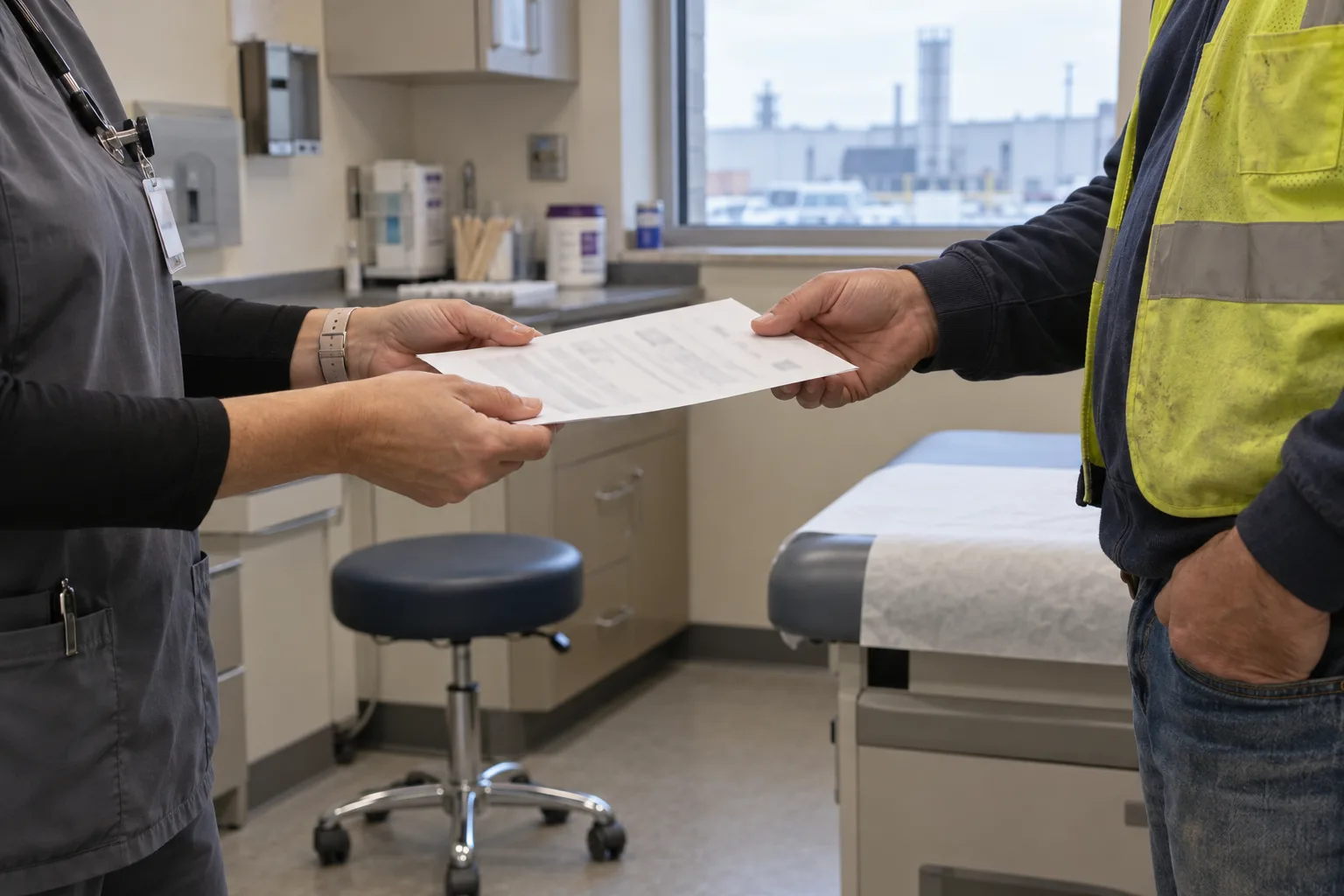 Illustration: Manufacturing employee receiving written work restrictions at a medical appointment