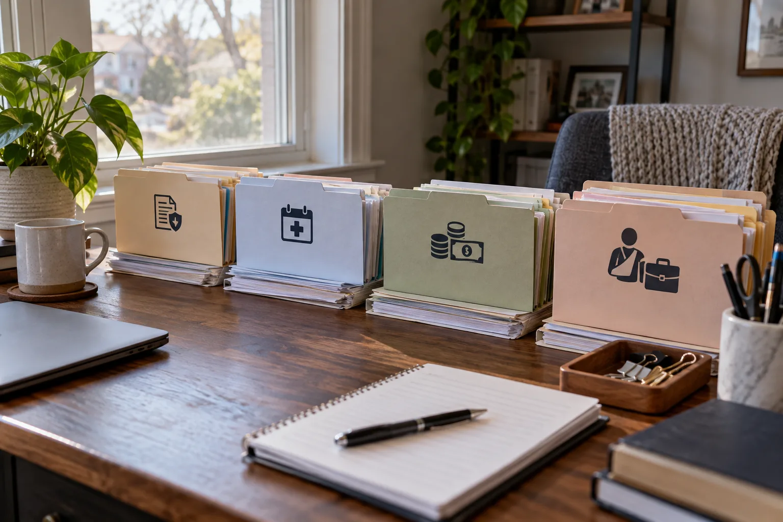 Illustration: Organized folders for workplace injury records, wages, and medical documents