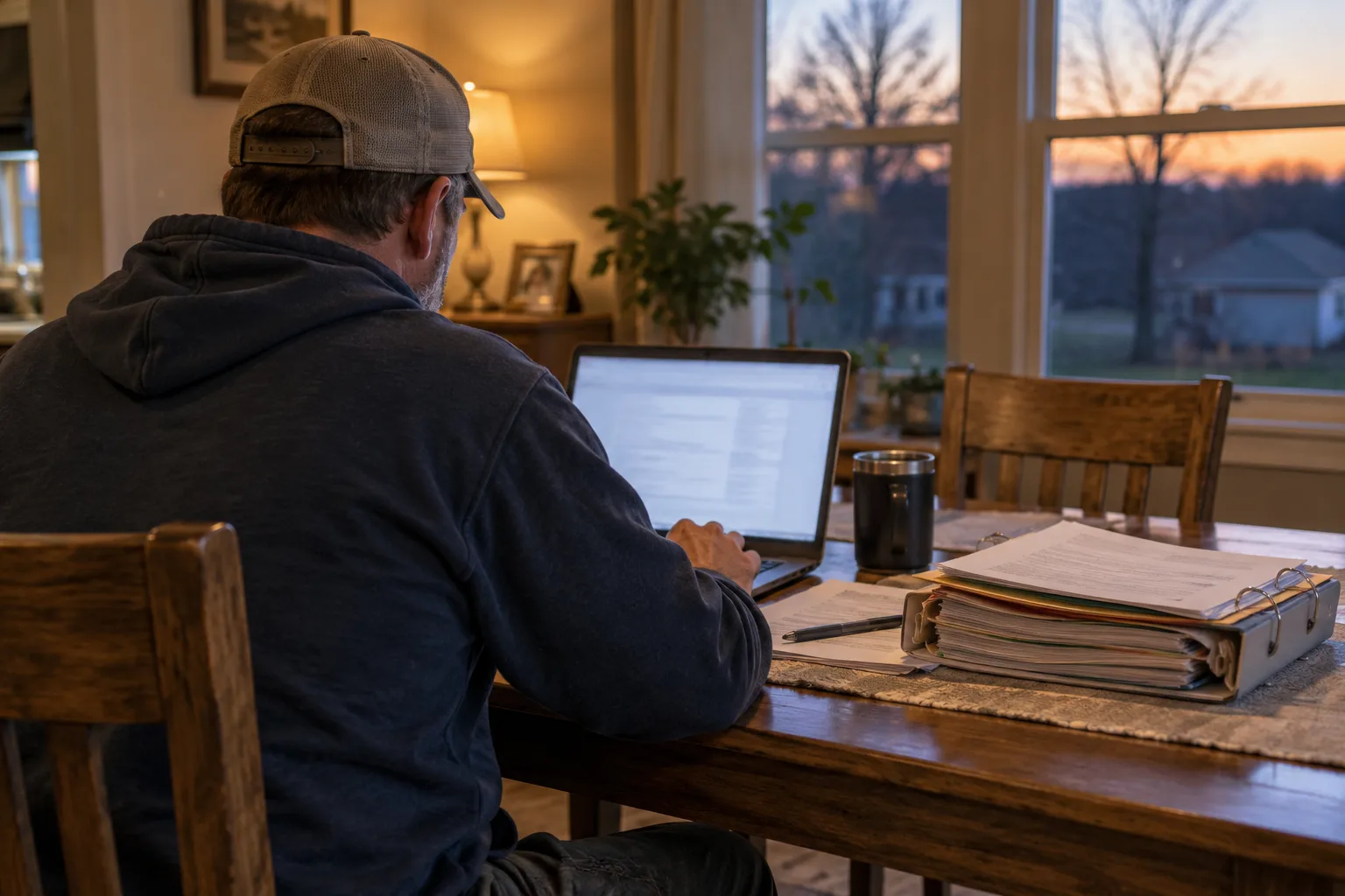 Illustration: Factory worker reviewing workers’ compensation forms with an organized claim file