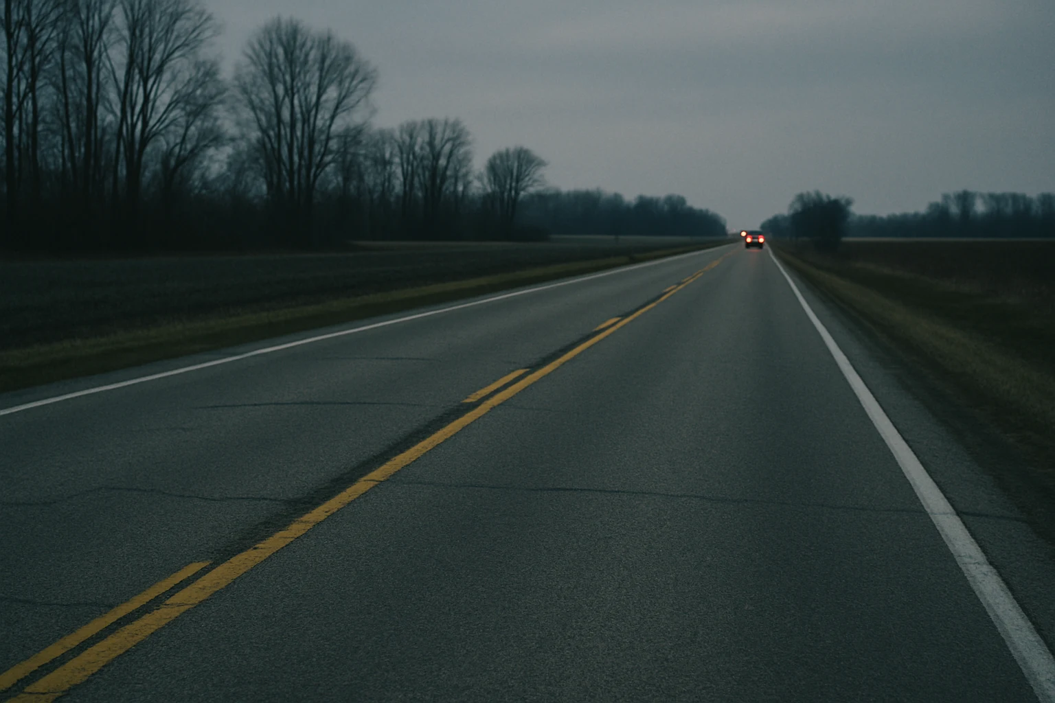 A quiet stretch of US-30 in Indiana at dusk where a fatal crash occurred