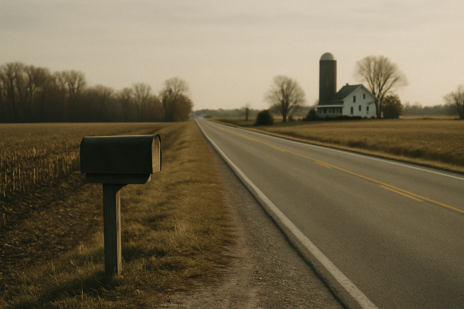 A rural two-lane road in DeKalb County, Indiana, where head-on collisions commonly occur