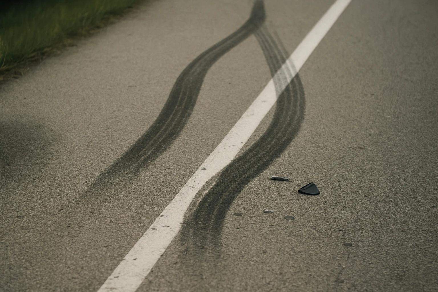 Skid marks and tire scuffs on a Indiana highway after a fatal crash investigation