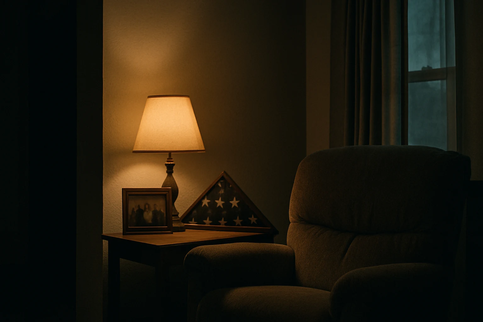 A quiet Fort Wayne living room with a single lamp and a framed family photograph in the foreground
