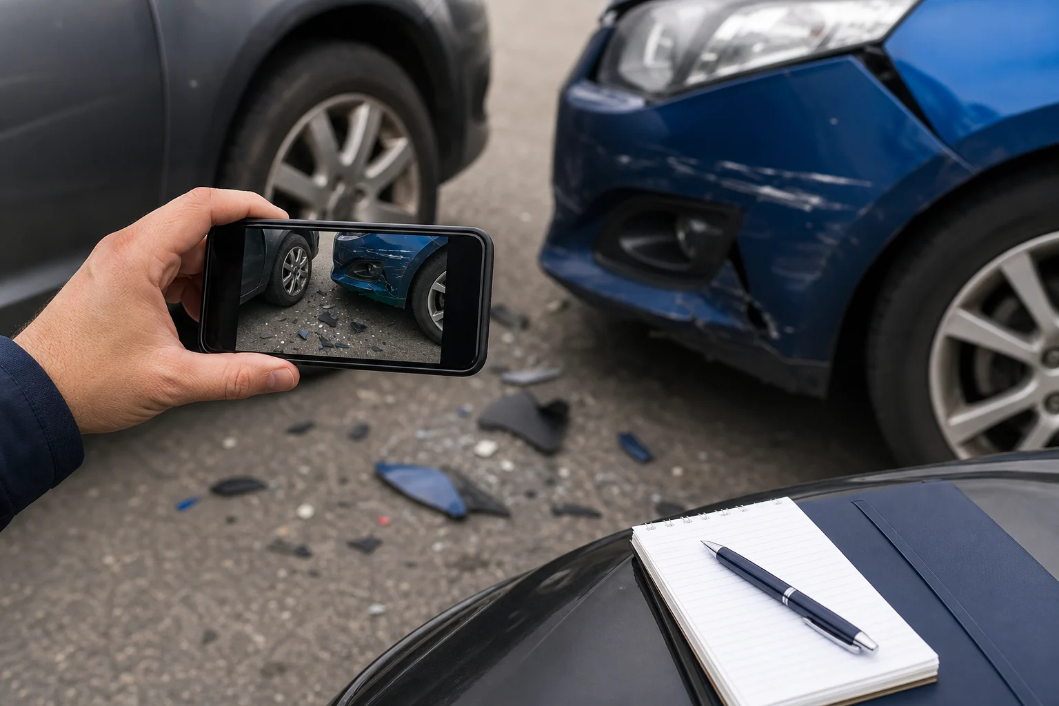 Phone photographing vehicle damage and debris after a Fort Wayne car accident for evidence preservation