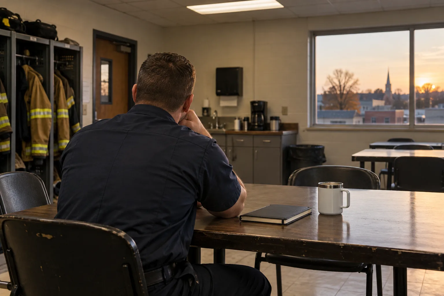 First responder sitting quietly at a break-room table after a shift.