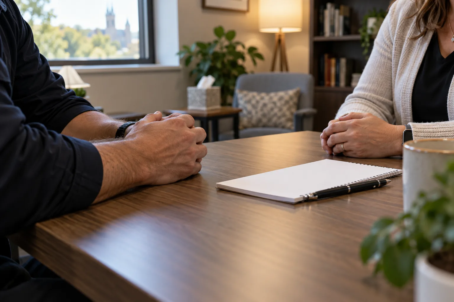 First responder meeting privately with a health professional in a clinic room.