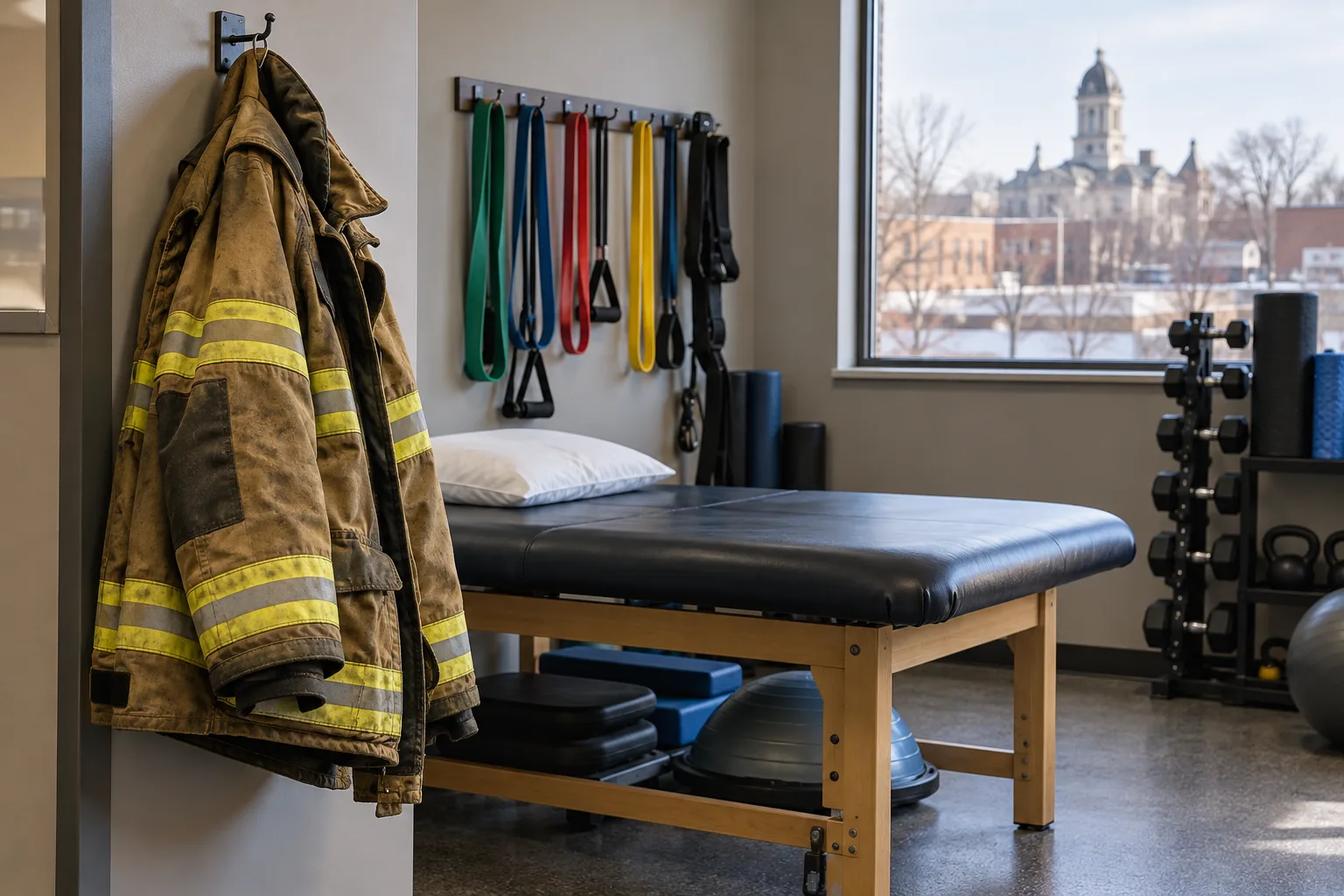 Firefighter gear beside equipment in a rehabilitation clinic.