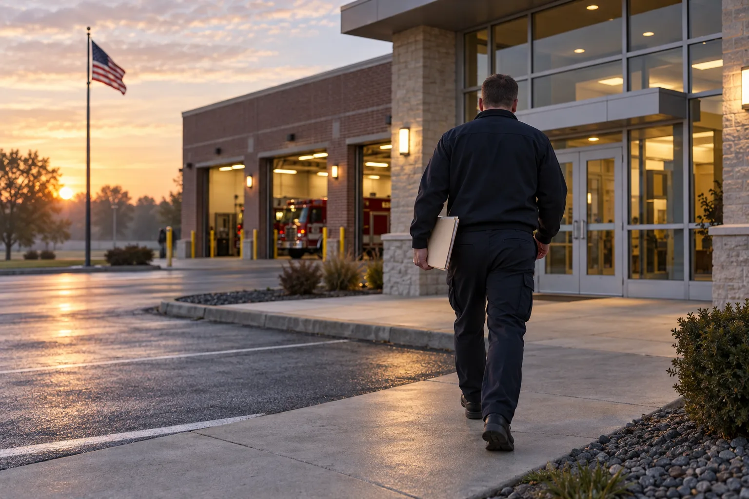 First responder carrying a records folder toward an emergency-services building.