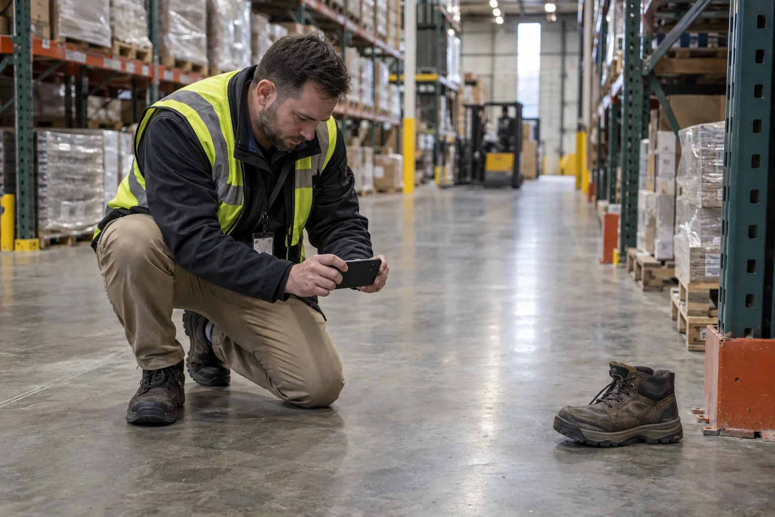 Safety manager documenting the area and footwear after a workplace ankle injury