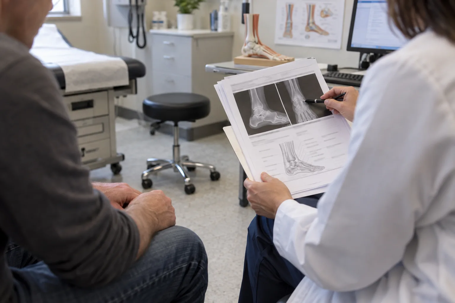 Clinician reviewing foot and ankle medical records with an injured worker