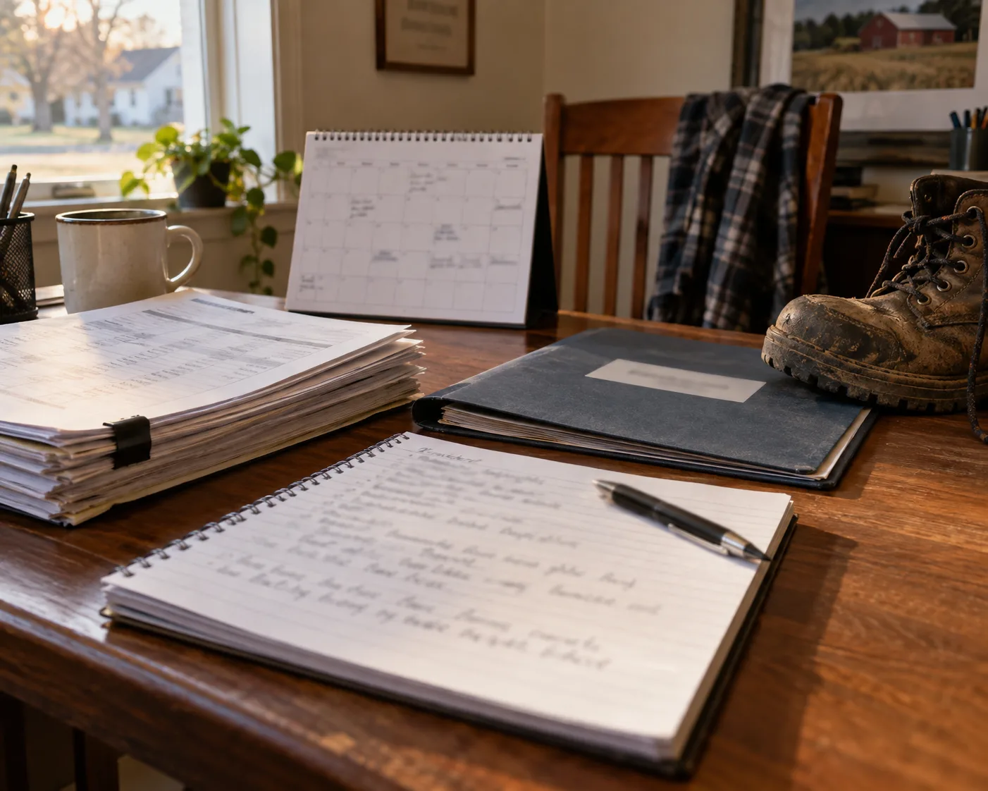 Organized work injury records, wage documents, calendar, and work boot