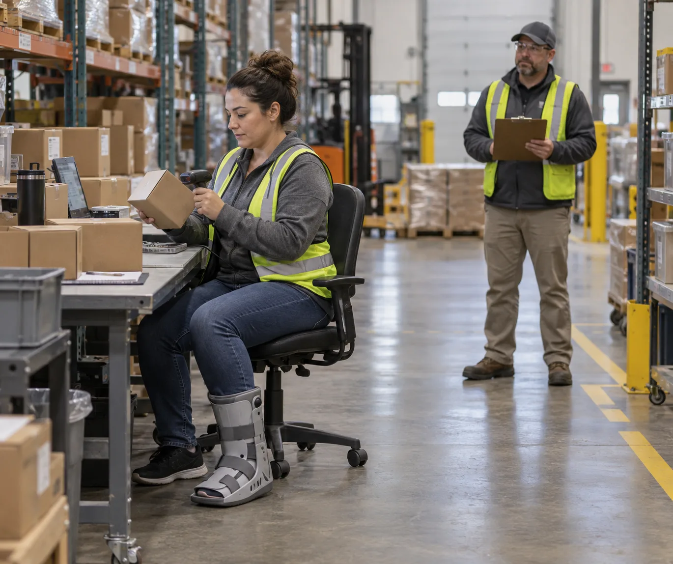 Indiana worker performing seated duties while wearing a protective walking boot