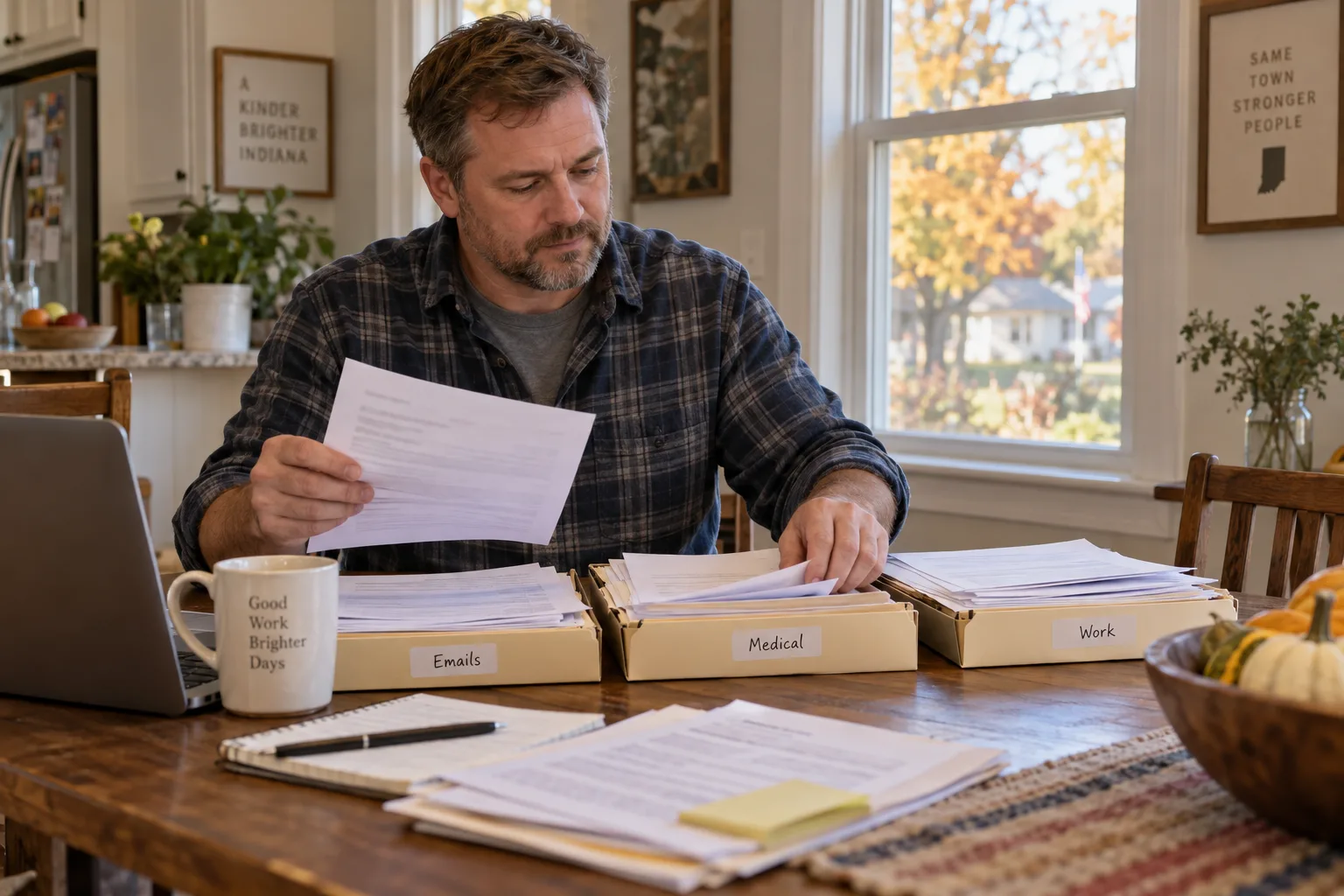 Worker organizing medical notes and workers’ compensation correspondence