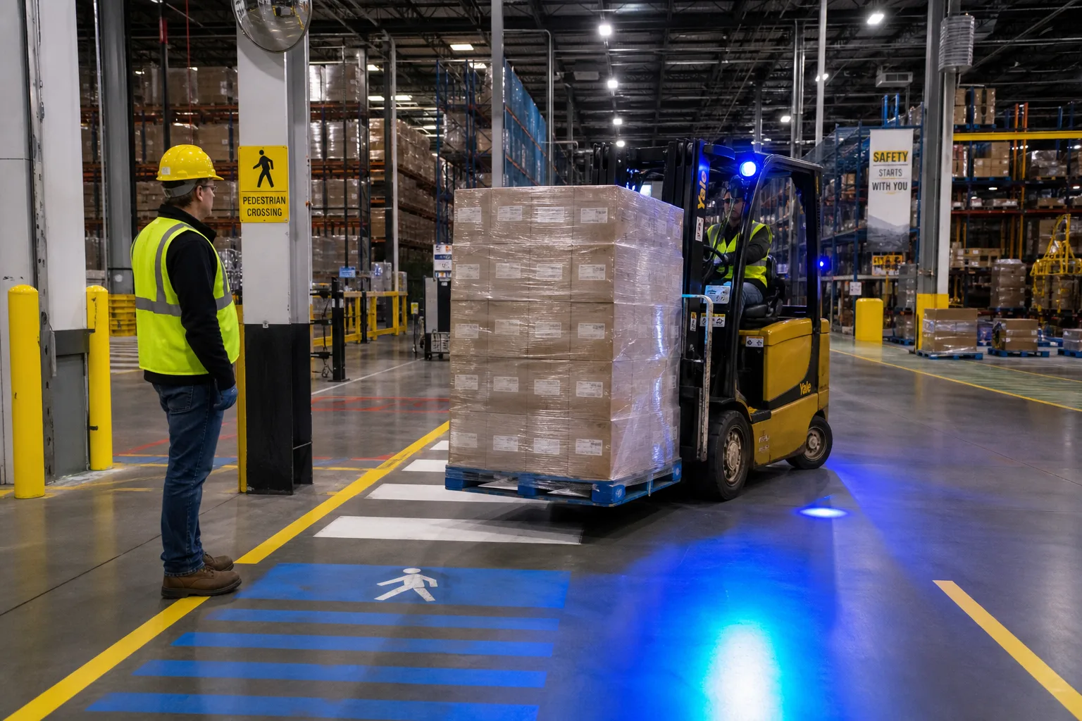 Warehouse worker waiting at a marked crossing while a forklift passes