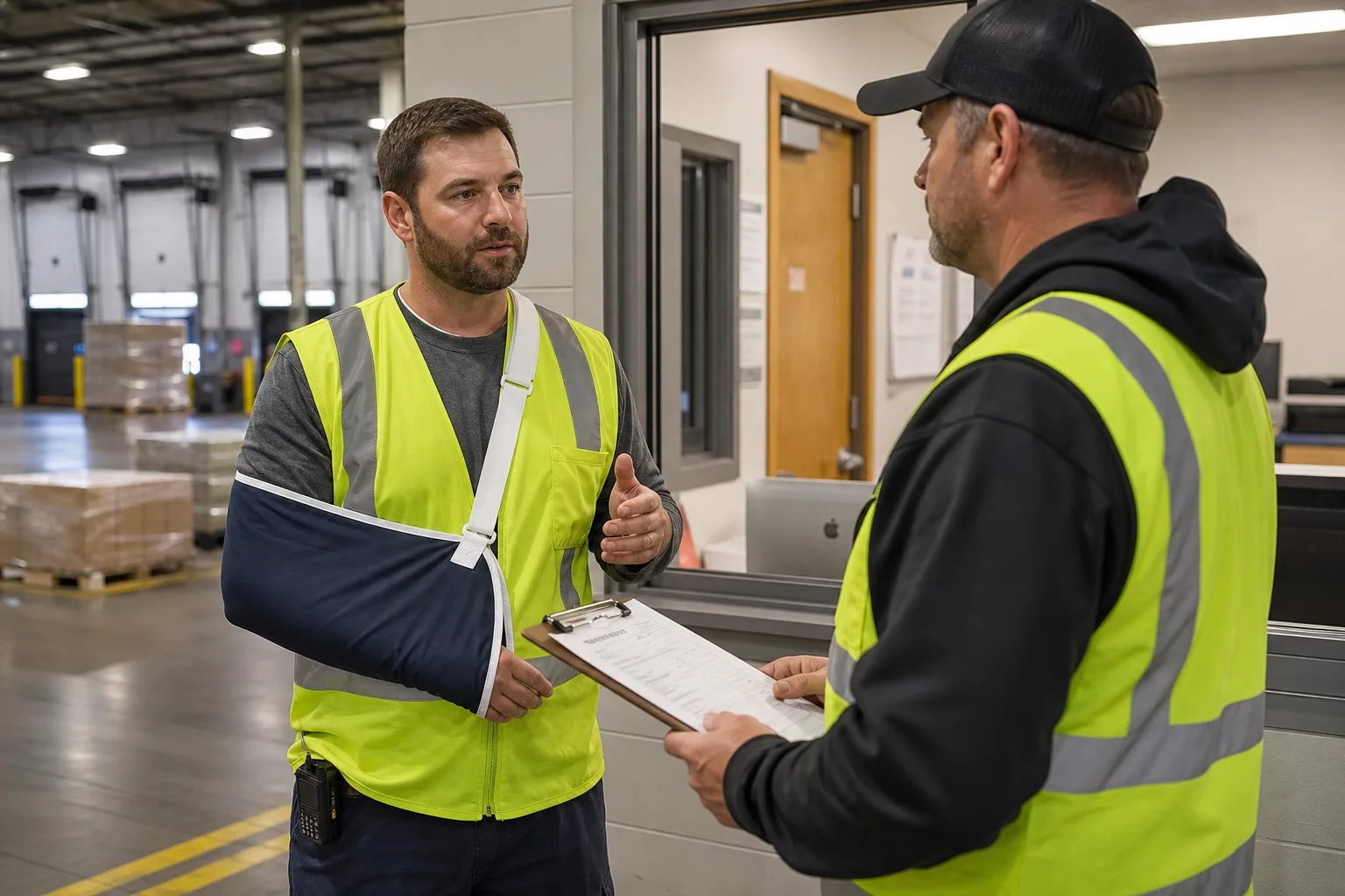 Warehouse worker reporting a forklift incident to a supervisor