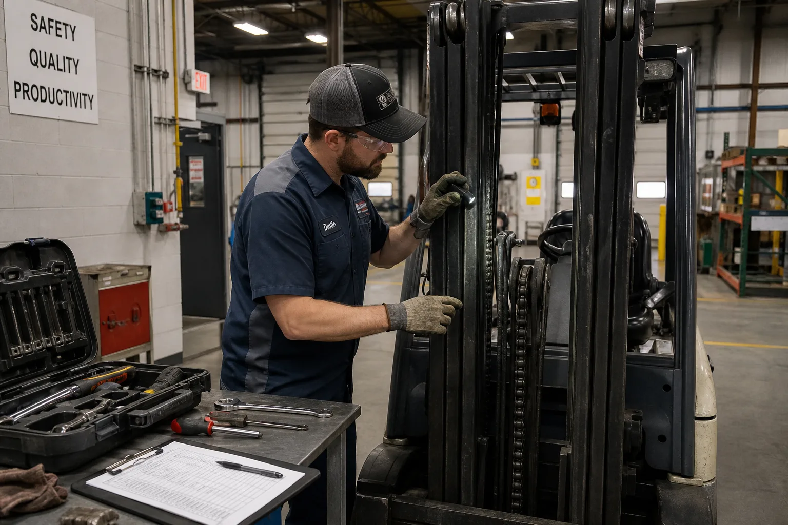 Technician inspecting a forklift mast in a service bay