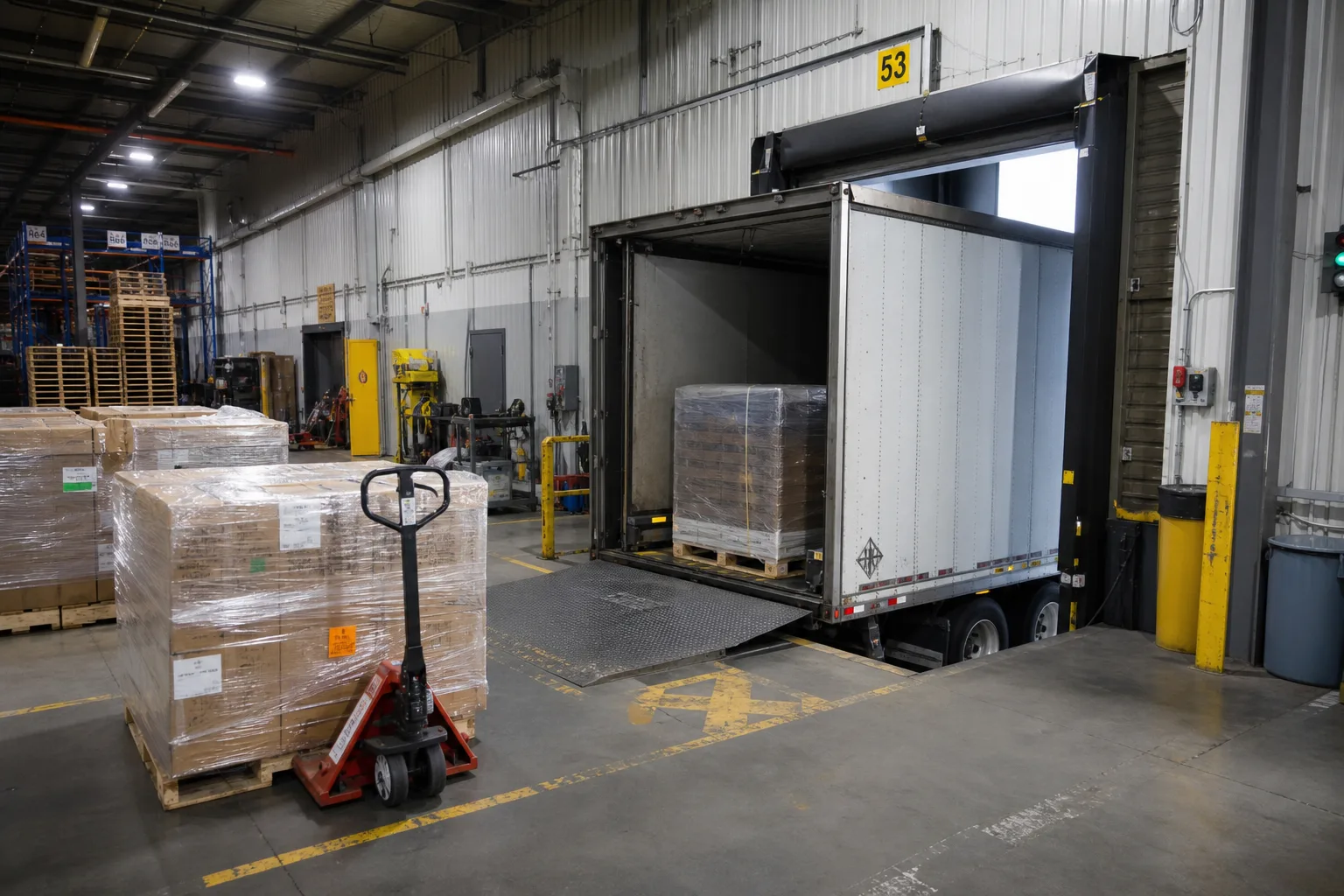 Forklift work area beside an open loading dock