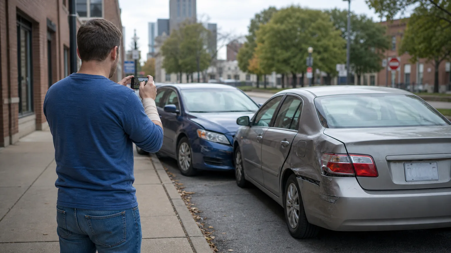 Driver documenting vehicle damage after a Fort Wayne injury accident