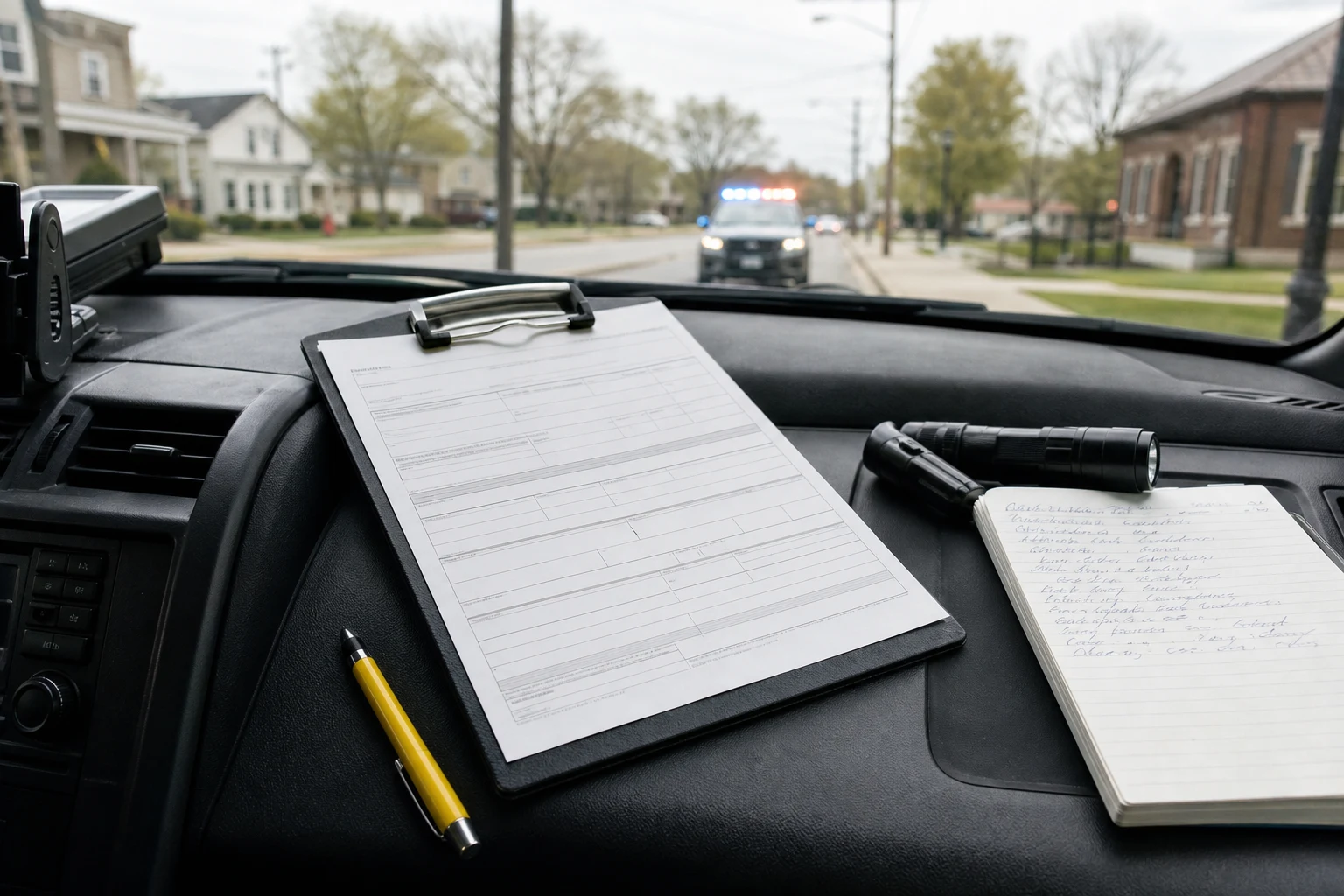 Indiana ARIES crash-report form on a Fort Wayne police officer's dashboard — the law-enforcement data source behind every Fort Wayne car accident statistic published by the Indiana Criminal Justice Institute and used in every Allen County crash claim.