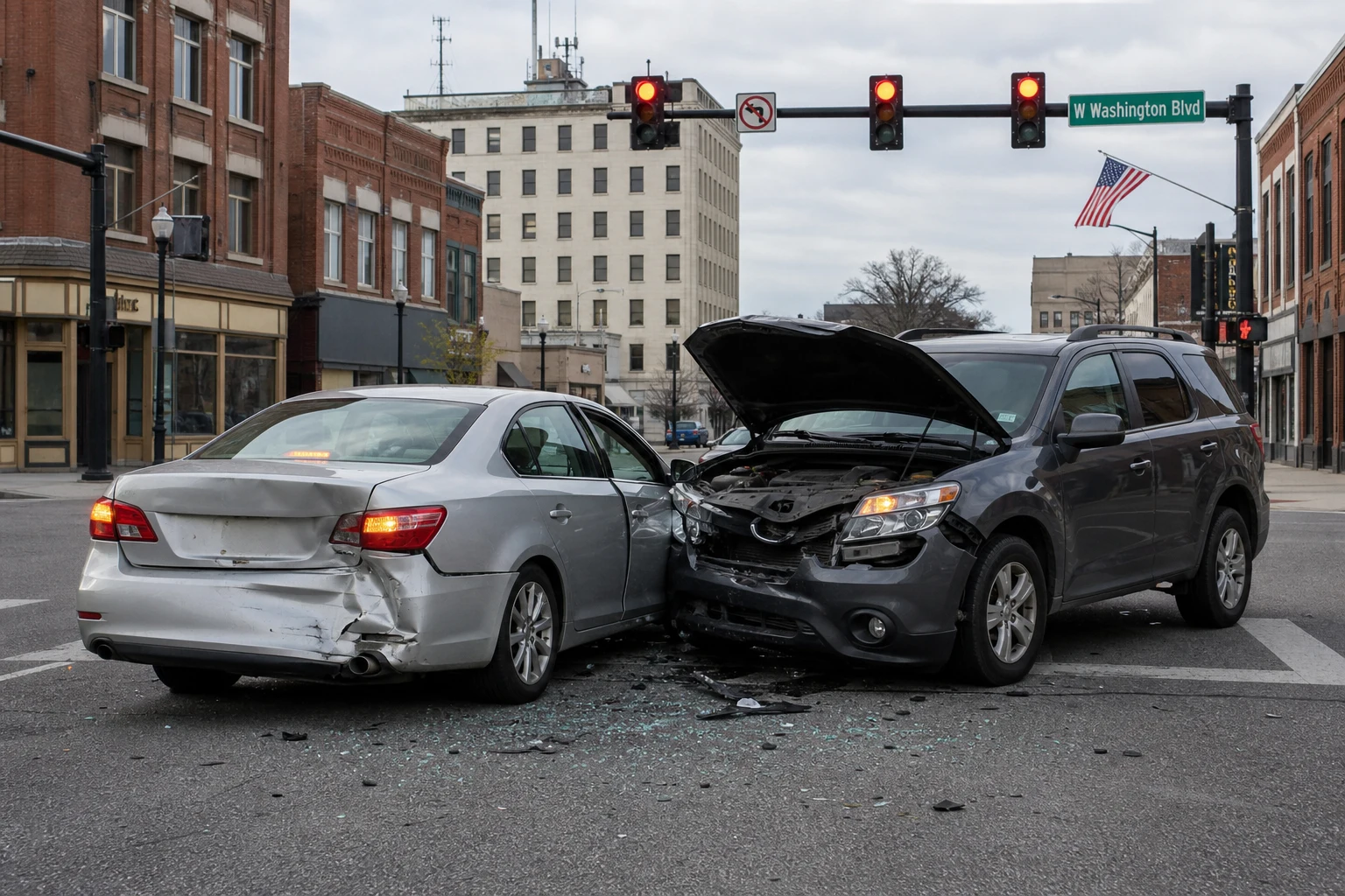 Rear-end collision at a Fort Wayne urban traffic signal — the single most common crash pattern in Fort Wayne car accident statistics, driven by stop-and-go traffic on Coliseum Boulevard, Lima Road, Jefferson Boulevard, and Illinois Road.