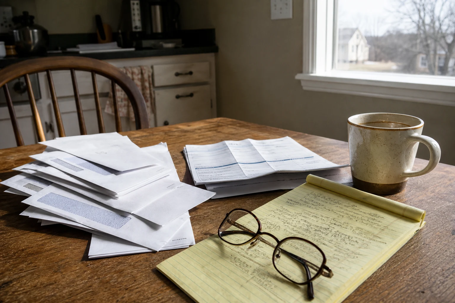 Stack of medical bills on a Fort Wayne kitchen table after a car accident — what the Allen County crash data never captures, but what every one of the 9,143 annual Fort Wayne crash victims lives with: ER charges, follow-up imaging, physical therapy, missed work.